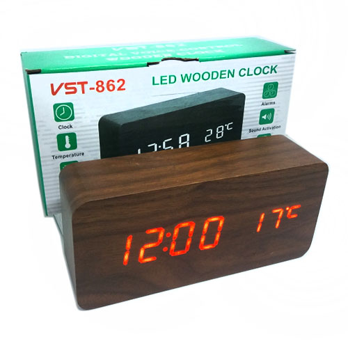 Багатофункціональний годинник у вигляді дерев'яного бруска № 862-1 червона підсв.