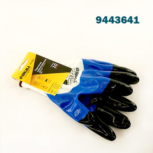 Рукавички Sigma трикотажні з частковим нітриловим покриттям посилені пальці р10 (синьо-чорні