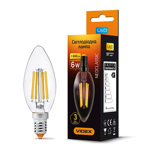 LED лампа VIDEX Filament C37F 6W E14 3000K 220V 20шт/ящ (9112) 25793