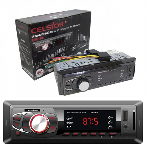 Автомагнітола Celsior CSW-197R 1DIN/MP3/SD/USB/BL/FM/червоне підсвічування/фіксована панель/4*40вт