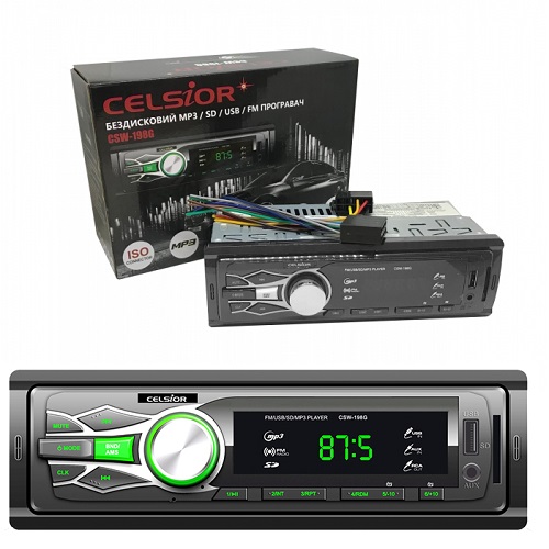 Автомагнітола Celsior CSW-198G 1DIN/MP3/SD/USB/BL/FM/зелене підсвічування/фіксована панель/4*40вт