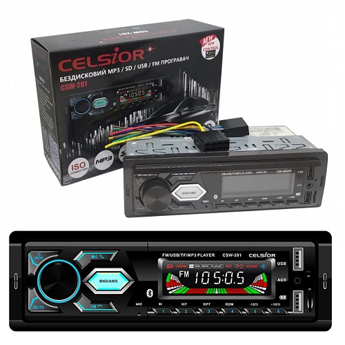 Автомагнітола Celsior CSW-201M 1DIN/MP3/SD/USB/BL/FM/RGB підсвічування/фіксована панель/4*45вт