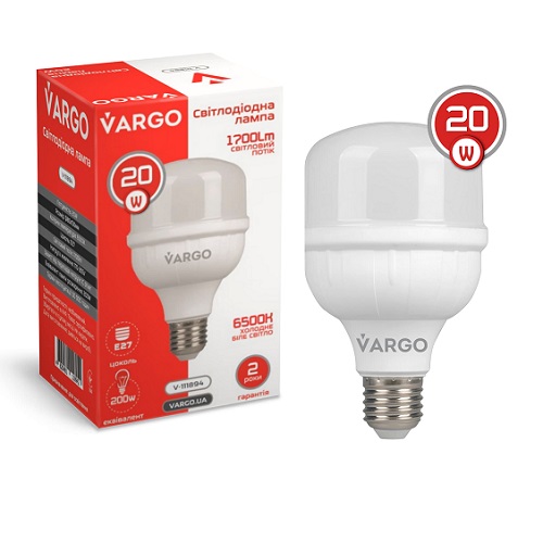 LED лампа VARGO 20W E27 6500K 80*136мм 220V (V-111894)