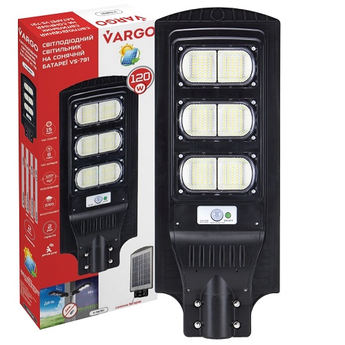 LED світильник на сонячній батареї вуличний VARGO 120W 6500K 5400Lm з датчиком руху/день-ніч