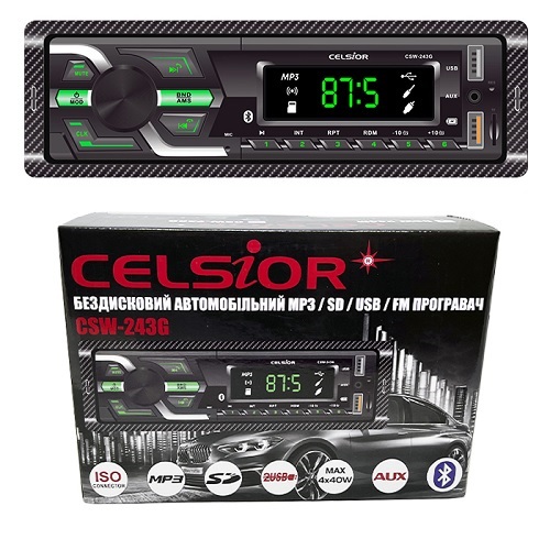 Автомагнітола Celsior CSW-243G 1DIN/MP3/SD/2*USB/BL/FM/зелене підсвічування/фіксована панель/4*40вт