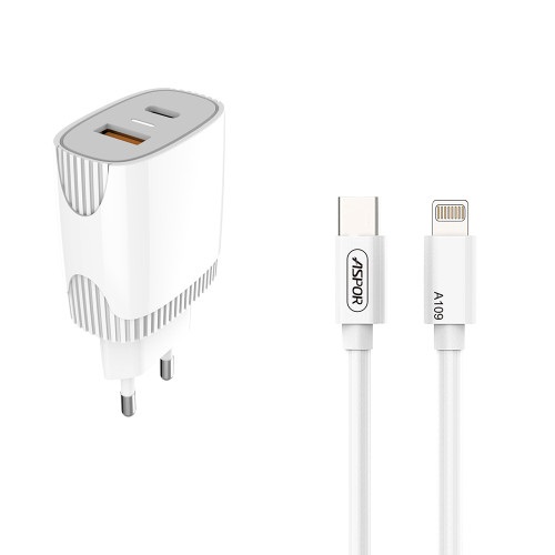 МЗП ASPOR A816 (USB/USB-C/3A/20W) + кабель Type-C to Lightning